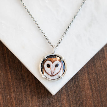 Barn Owl with Stars Enamel Necklace
