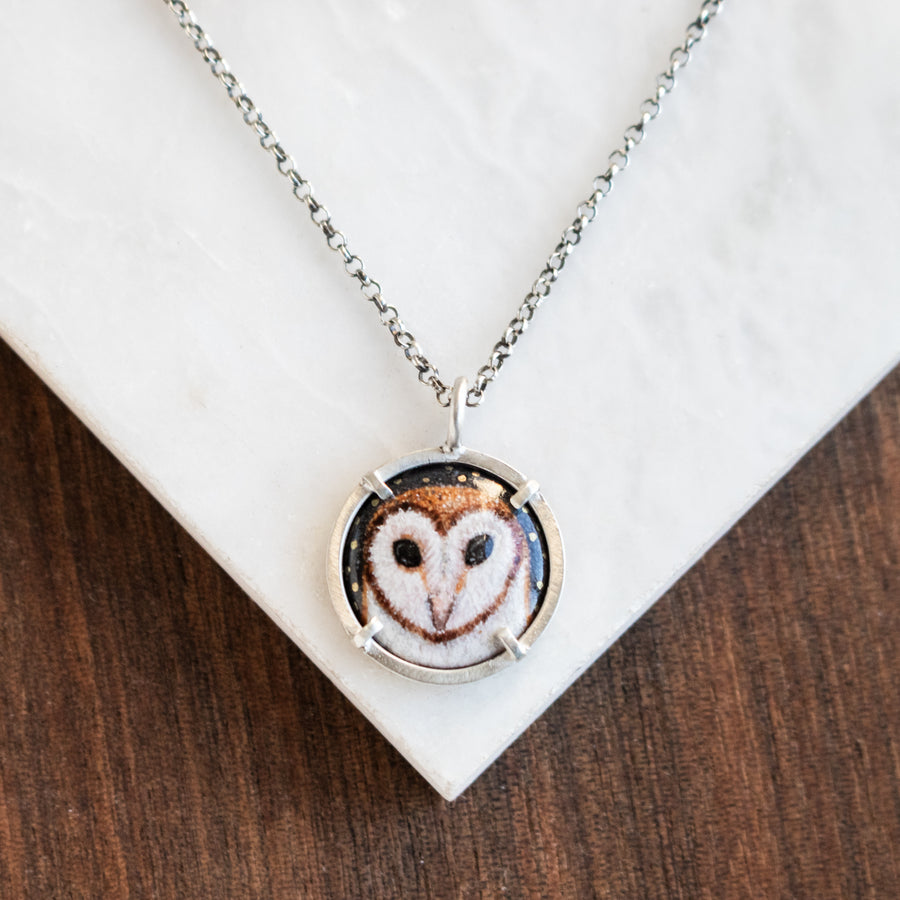 Barn Owl with Stars Enamel Necklace