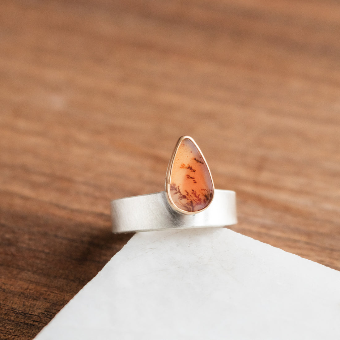 Size 8 | Orange Dendritic Agate Teardrop Ring