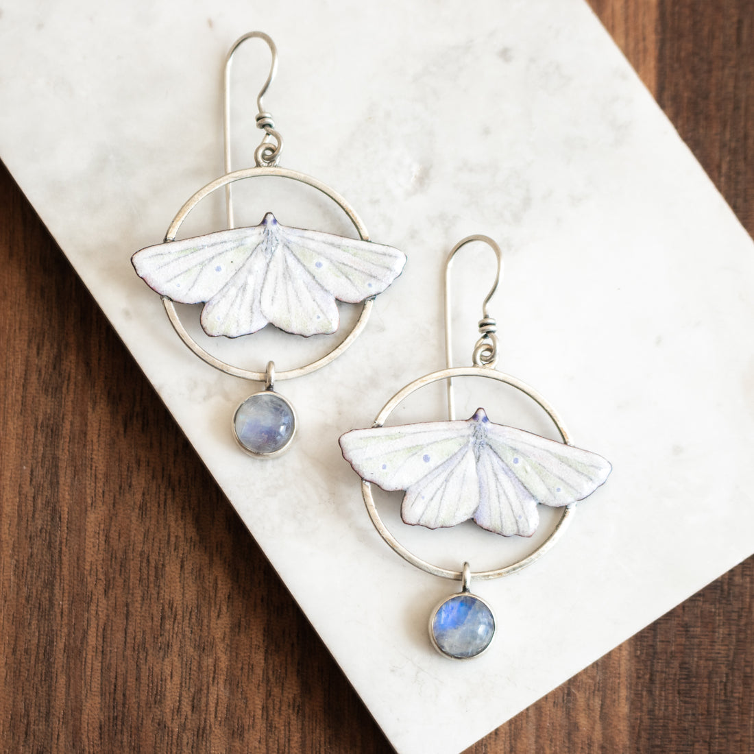 Moonstone White Moth Circle Earrings