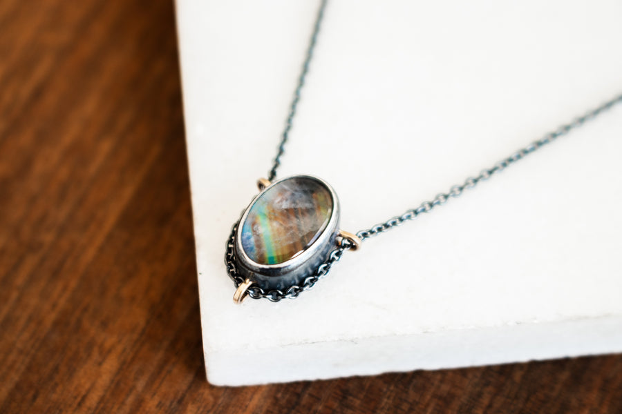 Small Rainbow Moonstone Under Quartz Necklace
