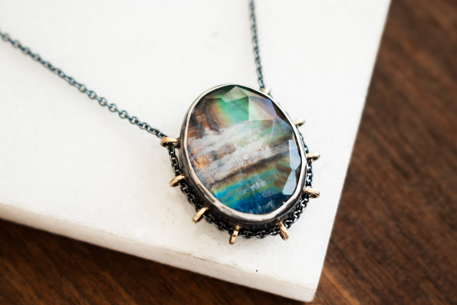 Rainbow Moonstone Under Quartz Necklace