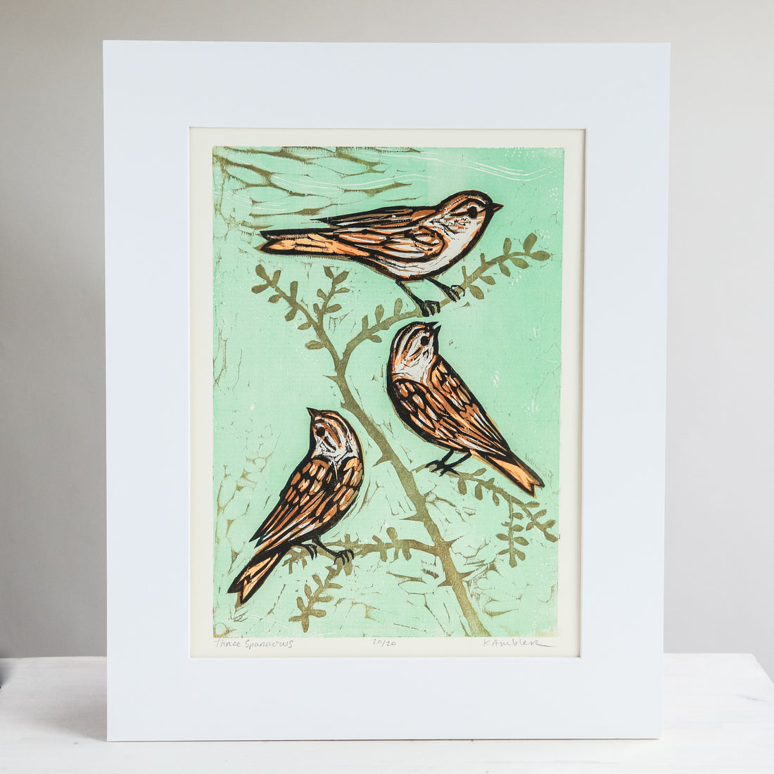 Three Sparrows 16x20 | Woodblock Print