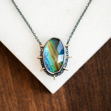Medium Oval Rainbow Moonstone Under Quartz Necklace