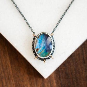 14k Rainbow Moonstone Under Quartz Necklace