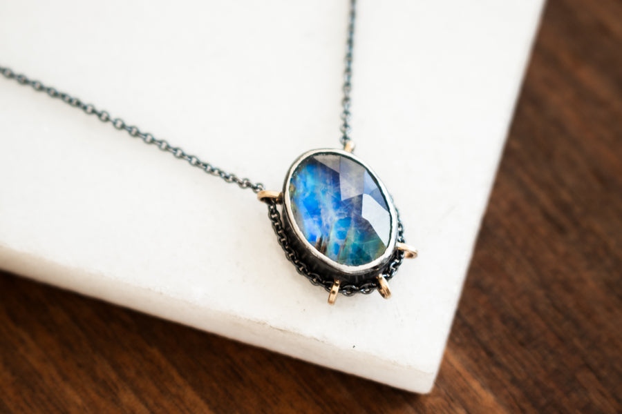 14k Rainbow Moonstone Under Quartz Necklace