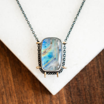Rectangular Rainbow Moonstone Under Quartz Necklace