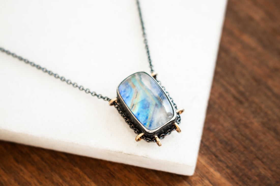 Rectangular Rainbow Moonstone Under Quartz Necklace