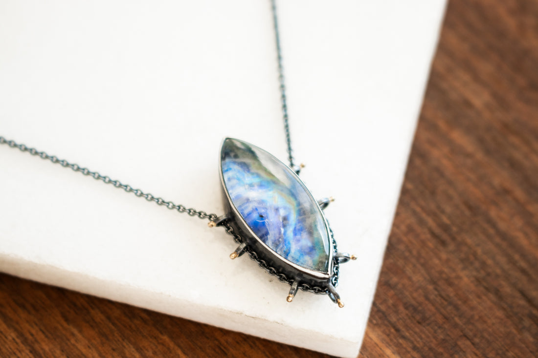 Marquise Rainbow Moonstone Under Quartz Necklace