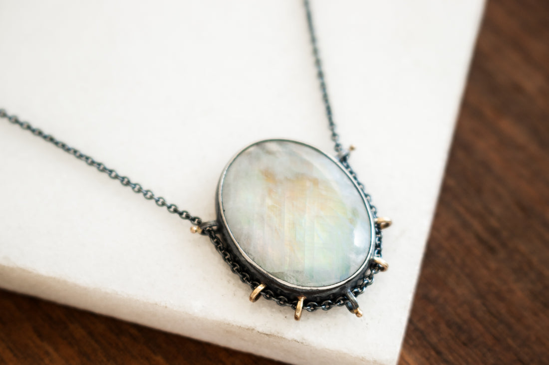 Rainbow Moonstone Oval Necklace