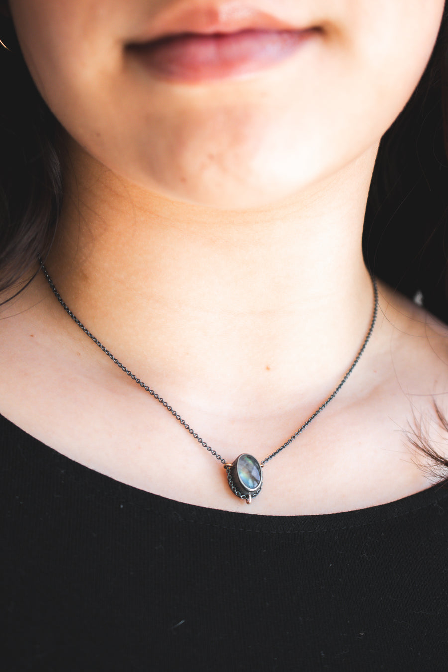 Small Rainbow Moonstone Under Quartz Necklace