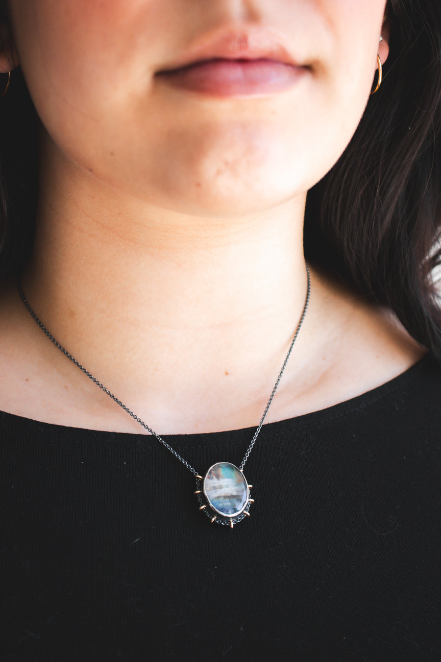 Rainbow Moonstone Under Quartz Necklace