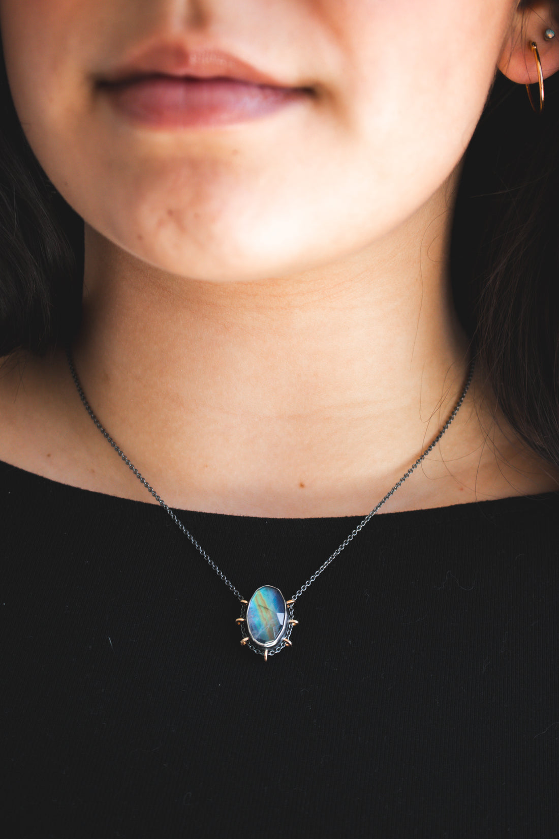 Medium Oval Rainbow Moonstone Under Quartz Necklace