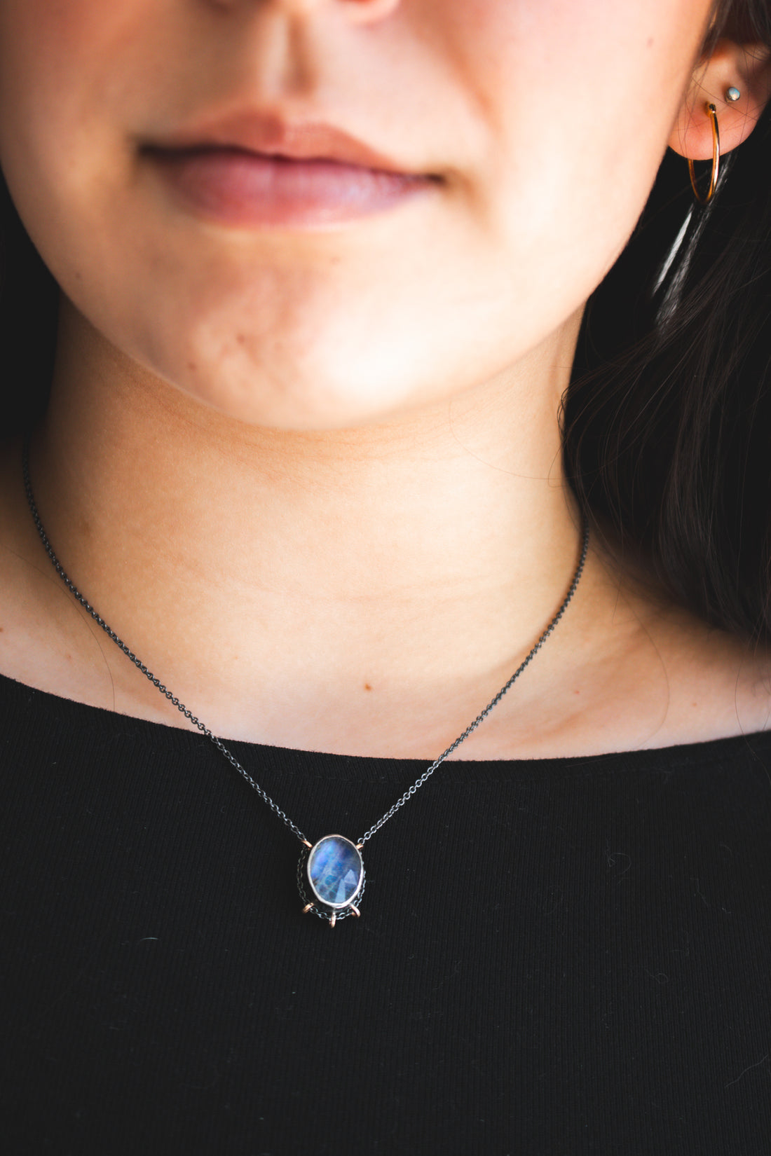 14k Rainbow Moonstone Under Quartz Necklace