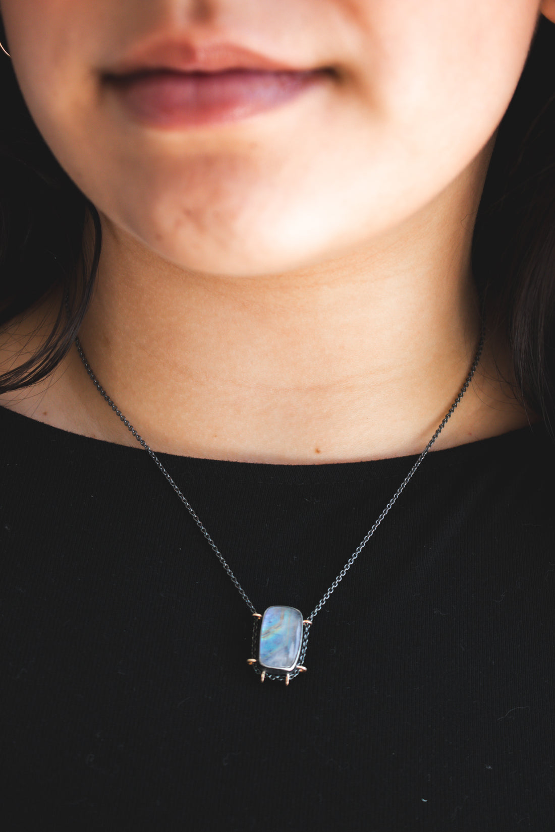 Rectangular Rainbow Moonstone Under Quartz Necklace