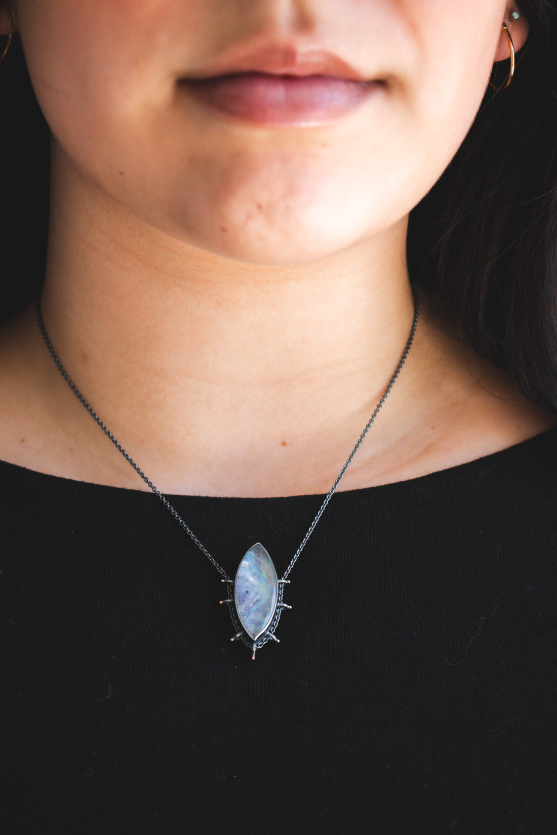 Marquise Rainbow Moonstone Under Quartz Necklace