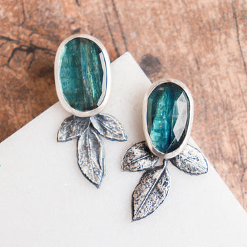 Blue Kyanite Rose Leaf Stud Earrings