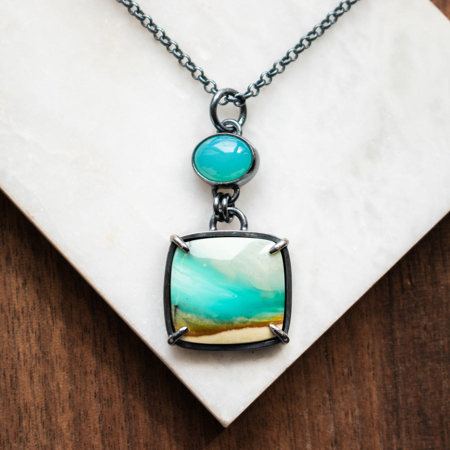 Opal Wood & Aqua Chalcedony Necklace