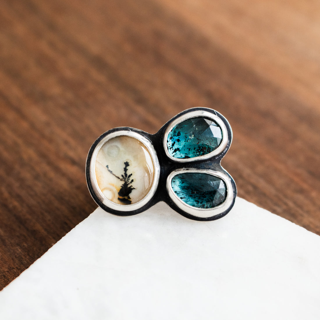 Size 8 | Kyanite/Dendritic Agate 3 Stone Ring no.2