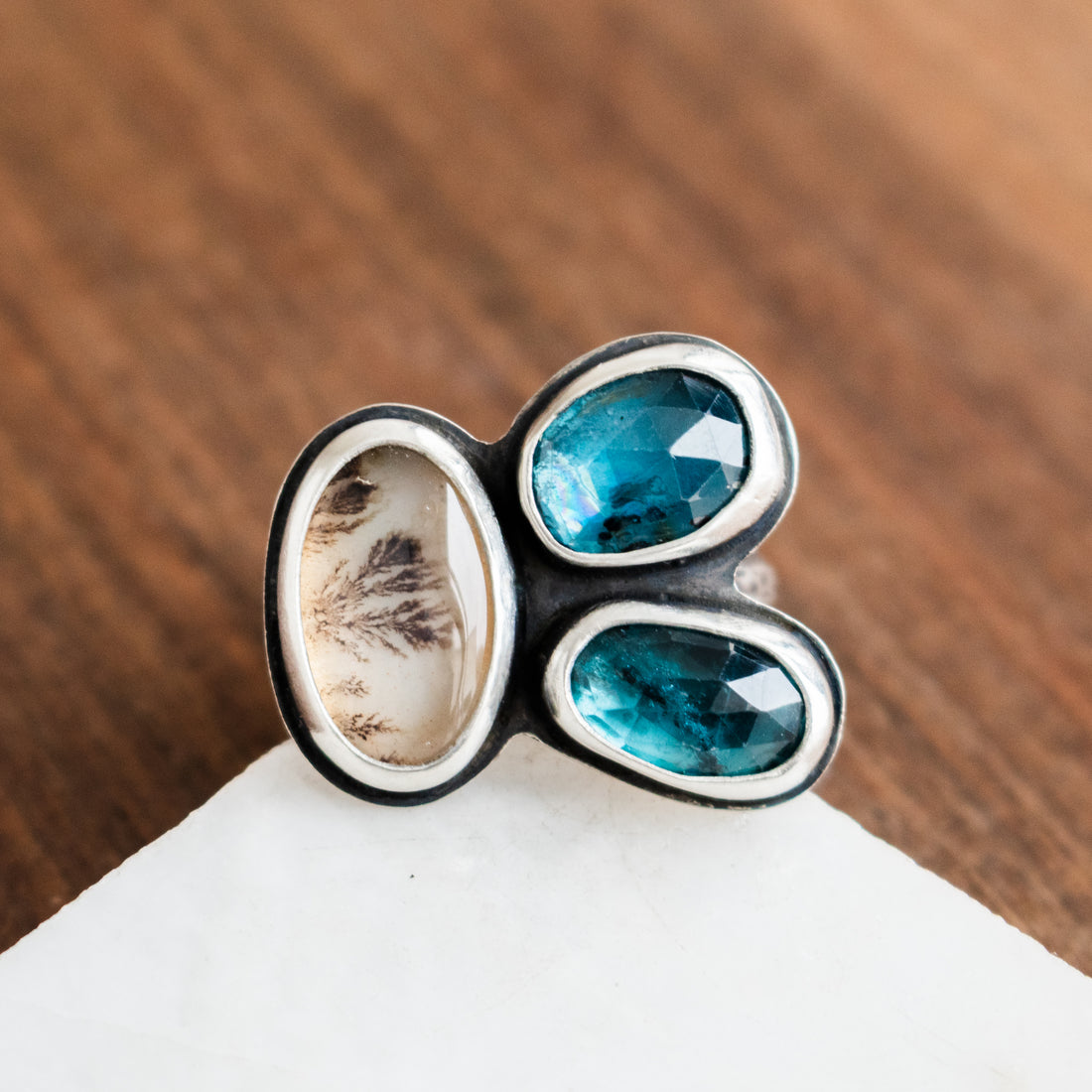 Size 9 | Kyanite/Dendritic Agate 3 Stone Ring