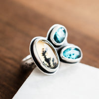 Size 8.75 | Kyanite/Dendritic Agate 3 Stone Ring