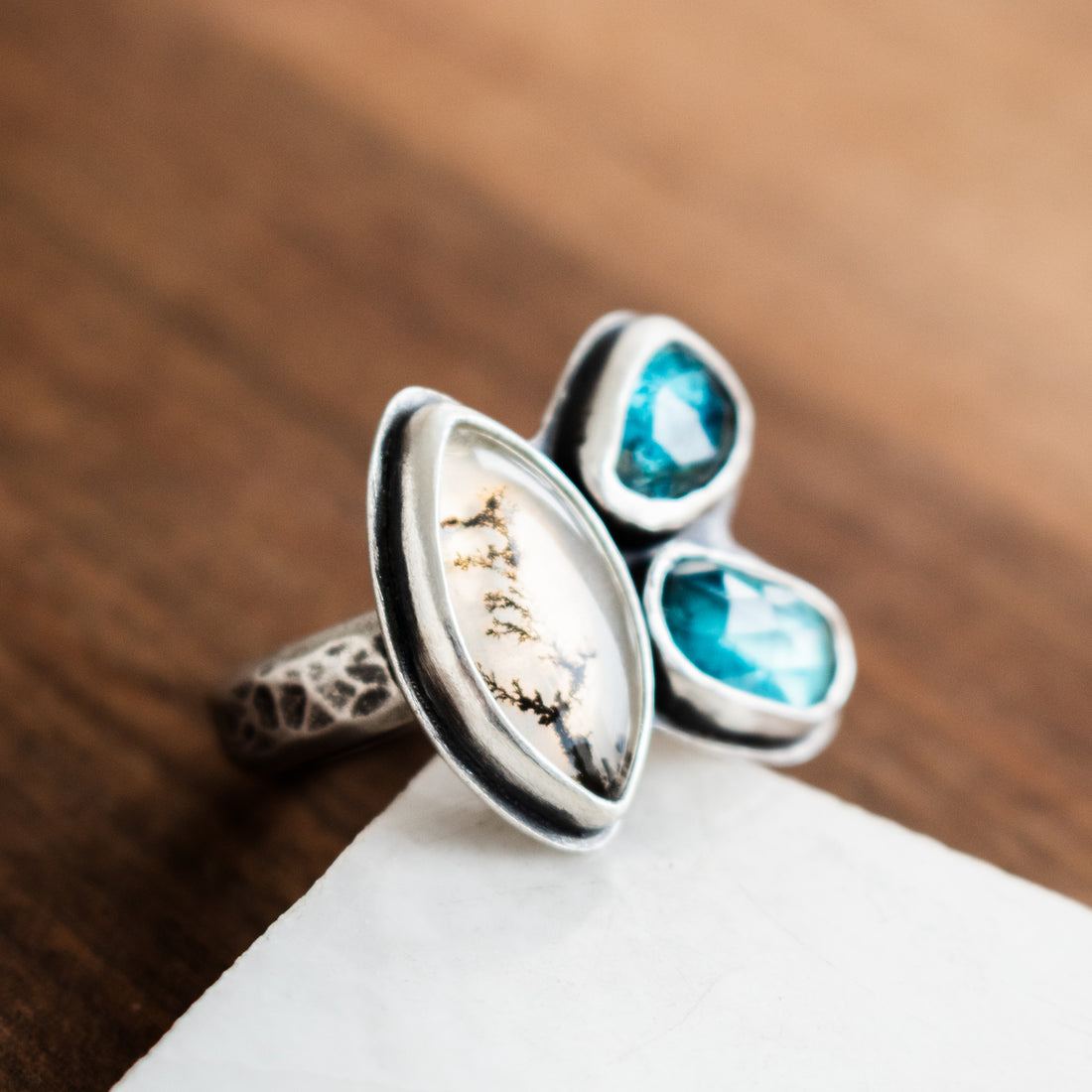 Size 8.25 | Kyanite/Dendritic Agate 3 Stone Ring no.2