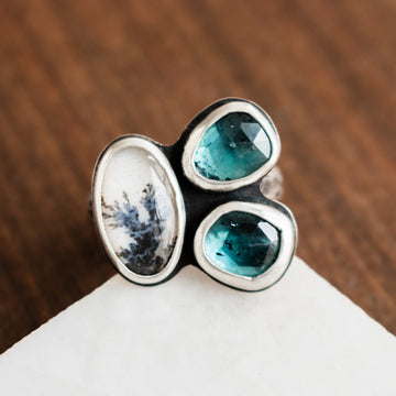 Size 8.25 | Kyanite/Dendritic Agate 3 Stone Ring no.1