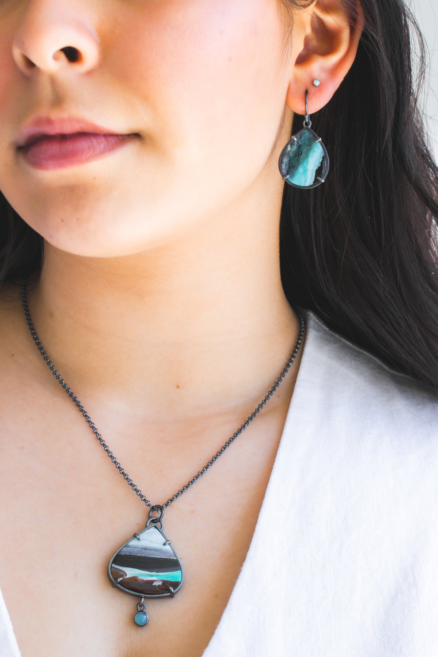 Opalized Wood & Aqua Chalcedony Accent Necklace
