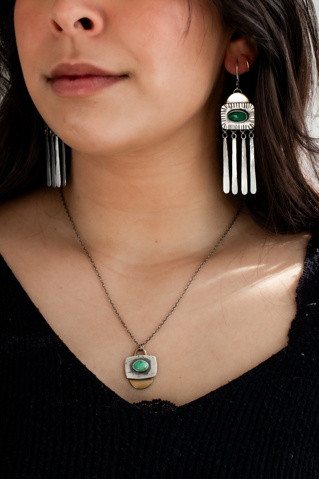 Lucin Variscite Rising Sun Fringe Earrings