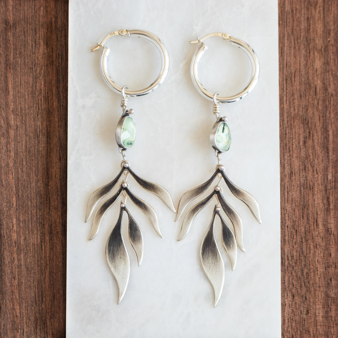 Prehnite Botanical Fern Hoop Earrings