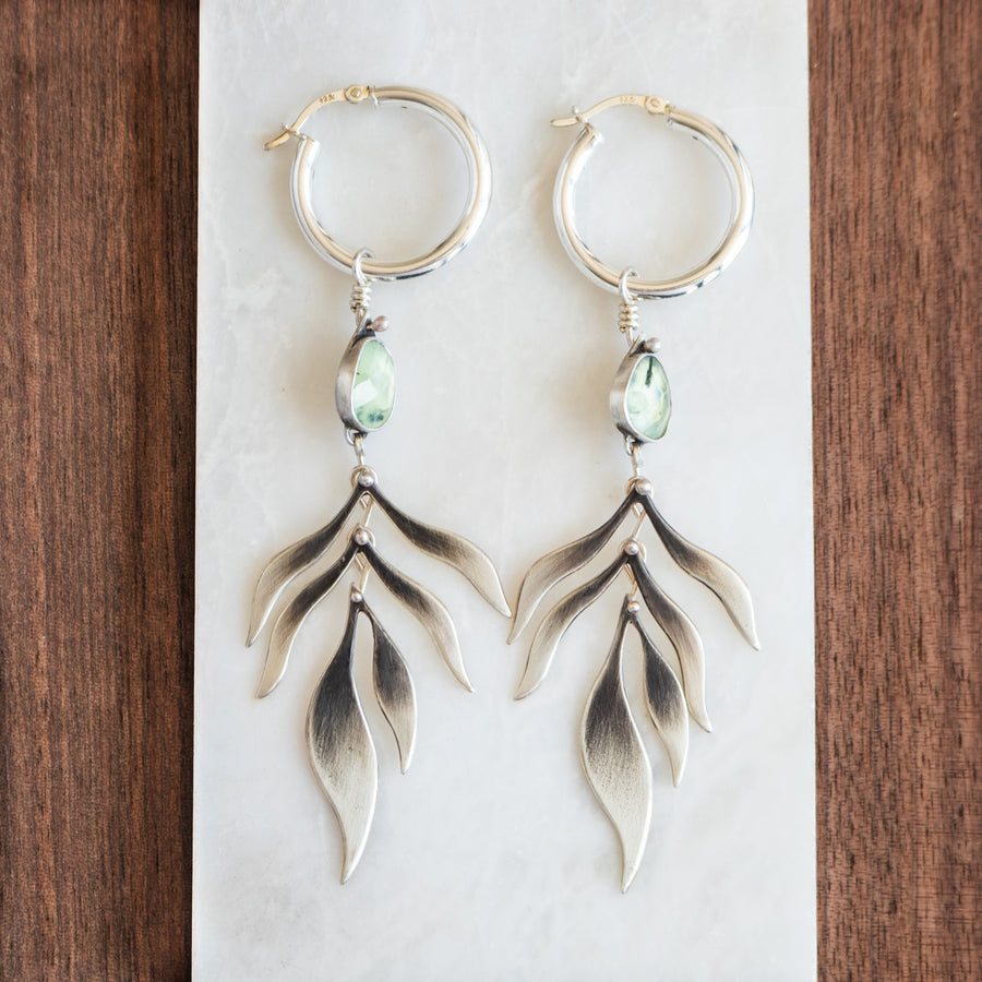 Prehnite Botanical Fern Hoop Earrings