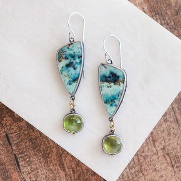 Opal Wood, Peridot, 18k Dot Earrings