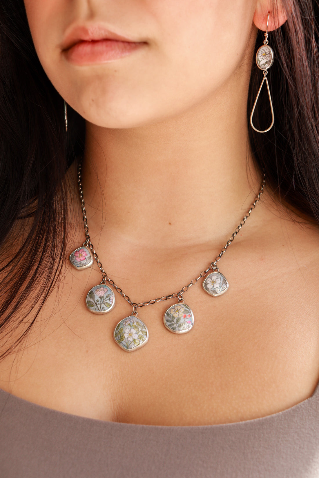 Blue Wild Roses Charm Necklace