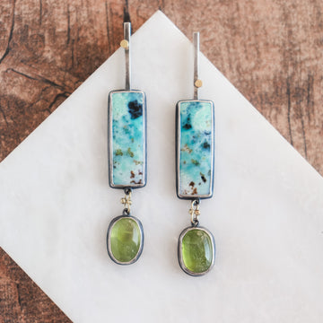 Opal Wood, Peridot, 18k Bar Drop Earrings