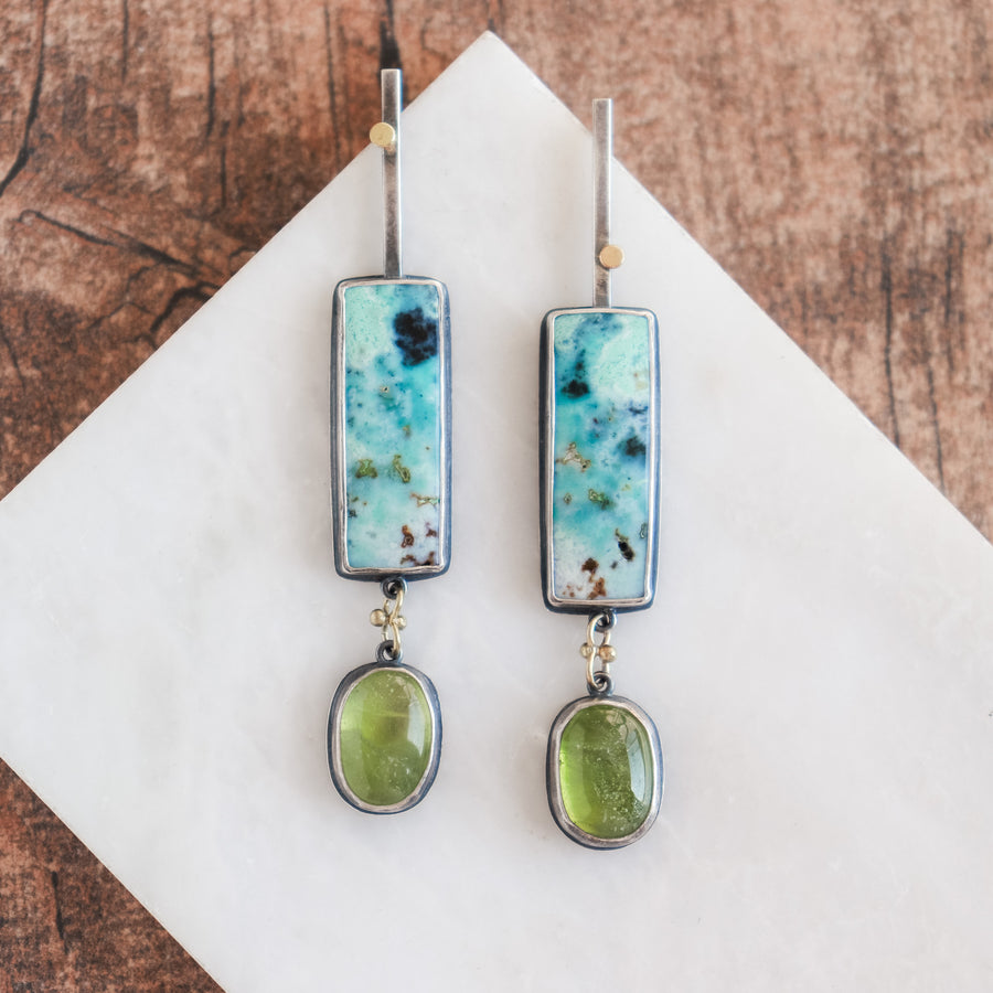 Opal Wood, Peridot, 18k Bar Drop Earrings