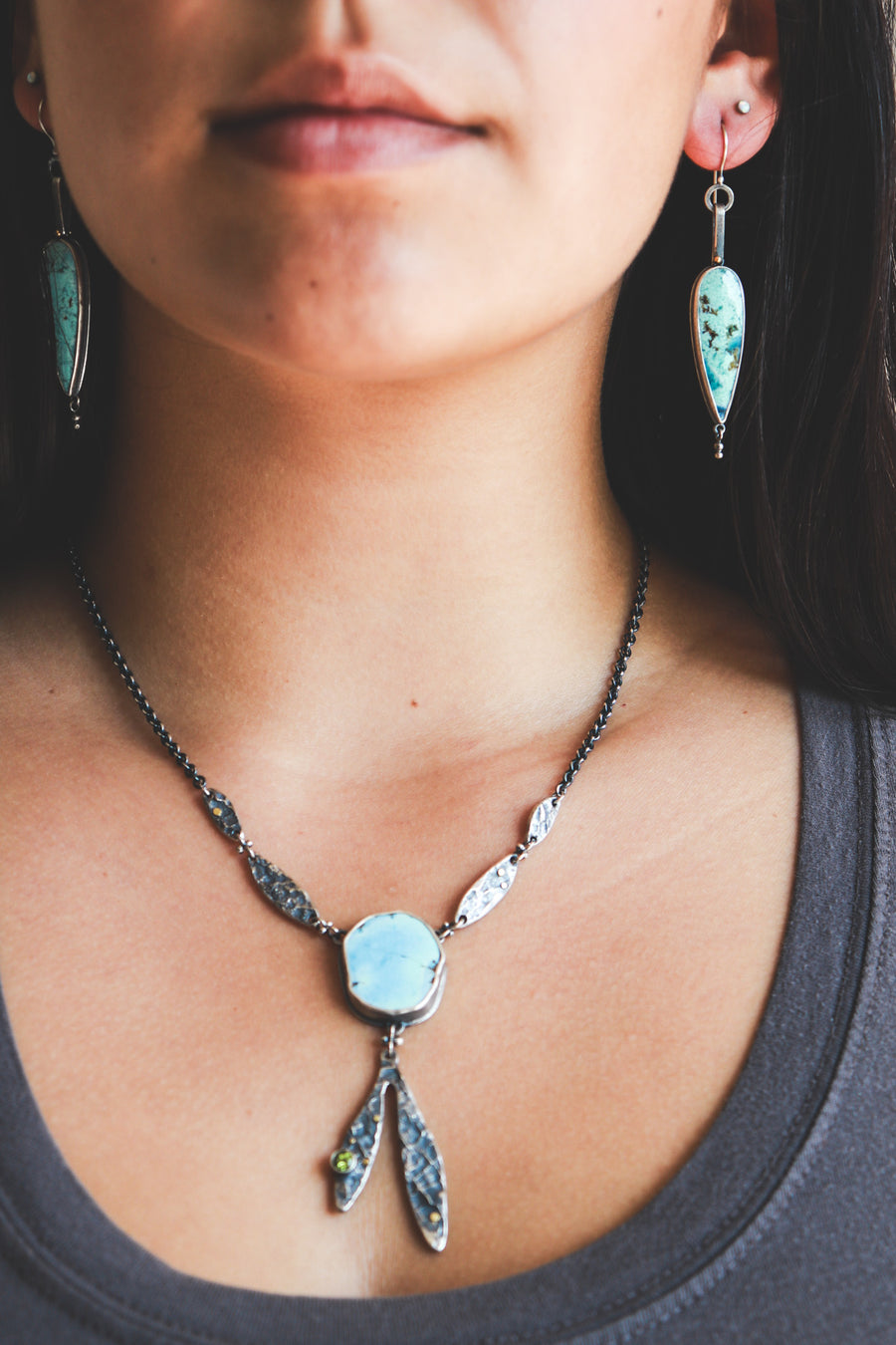 Kazakhstan Turquoise, Peridot 18k Sprout Necklace