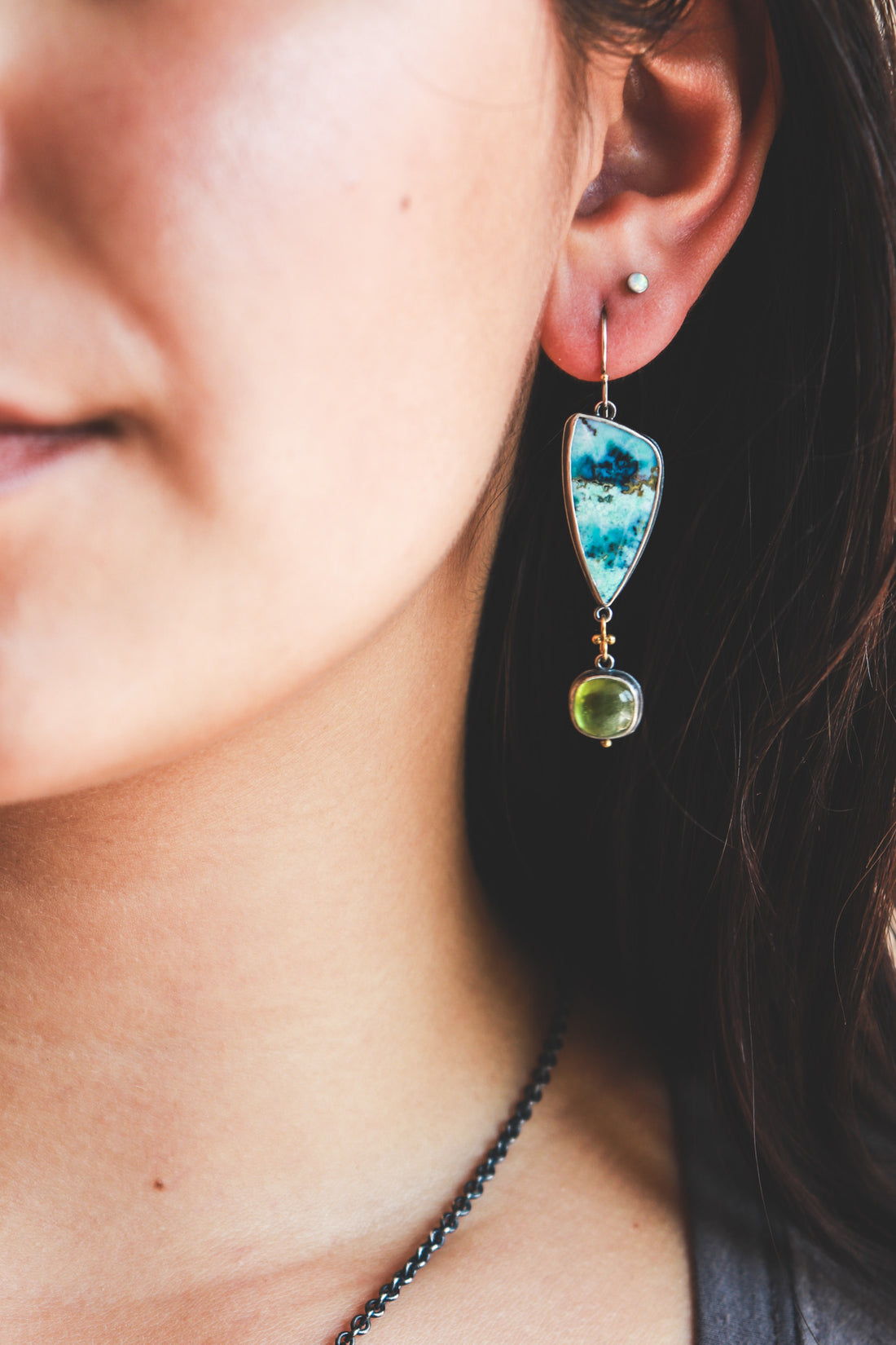 Opal Wood, Peridot, 18k Dot Earrings