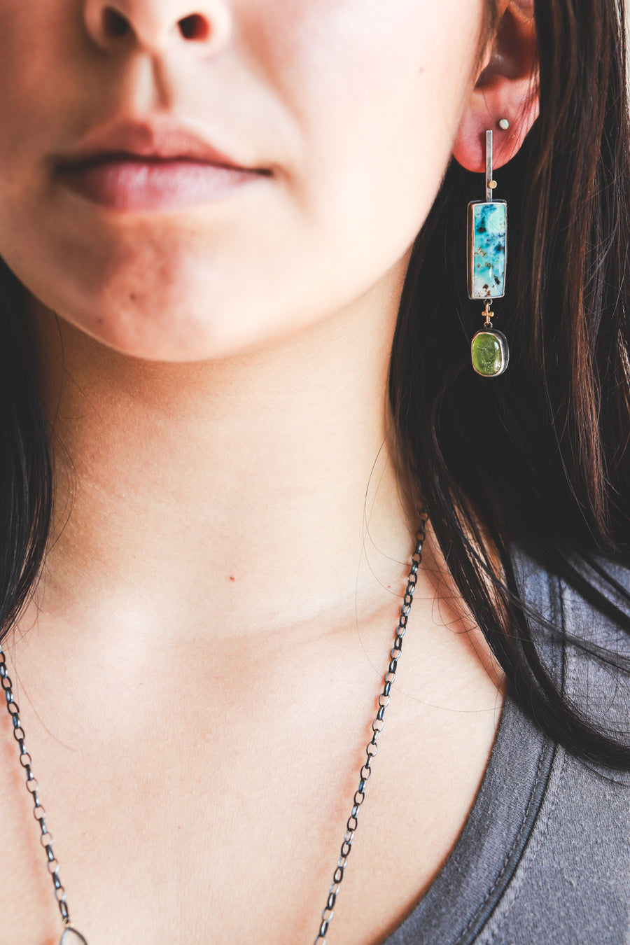 Opal Wood, Peridot, 18k Bar Drop Earrings
