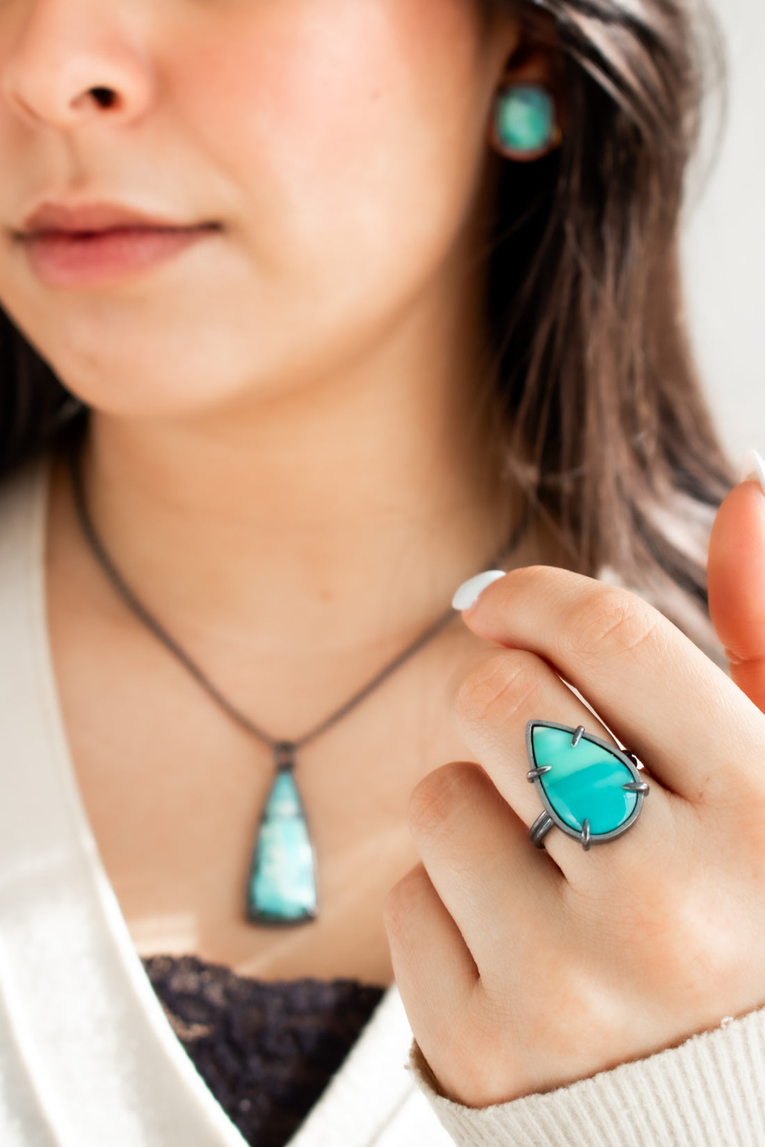Size 8.5 | Opalized Wood Teardrop Ring - The Artisan's Bench