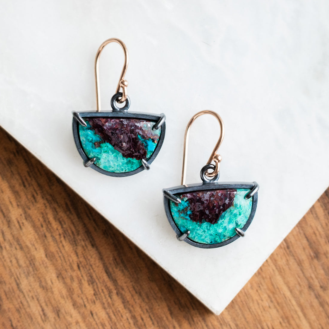 Chrysocolla Copper Rose Gold Earrings - The Artisan's Bench