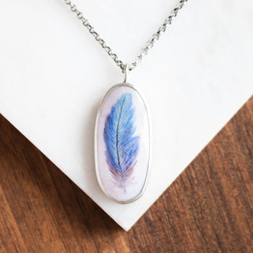 Oval Blue Feather Necklace