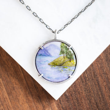 Round Water, Mountain Tree Landscape Necklace