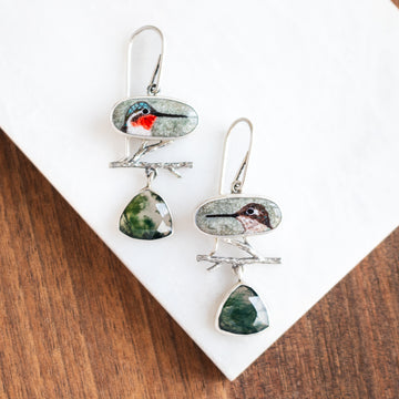 Hummingbirds, Moss Agate & Branch Earrings