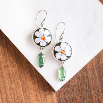 White Flowers & Green Kyanite Earrings