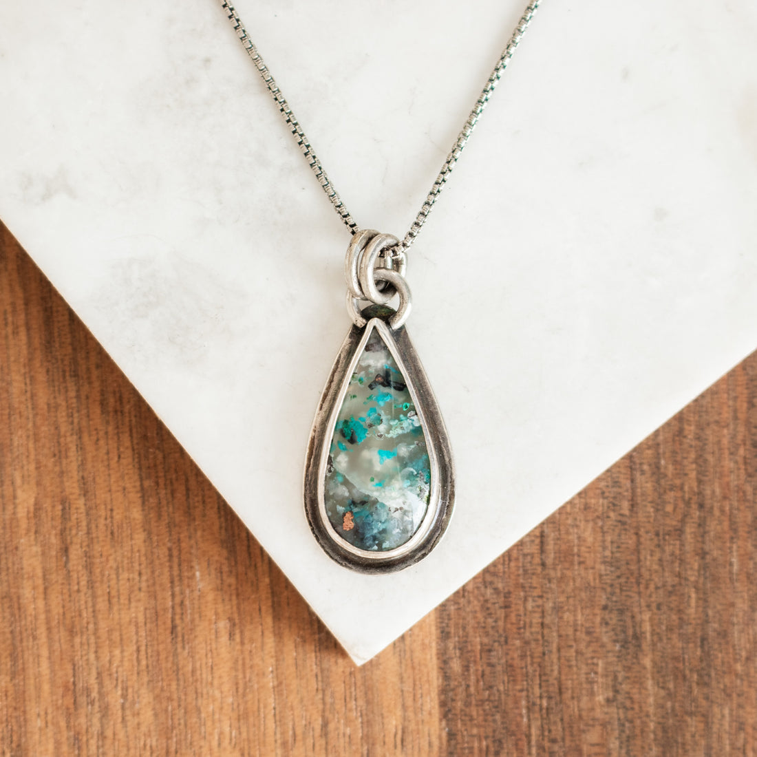 Confetti Chrysocolla Chalcedony Quartz Small Teardrop Necklace