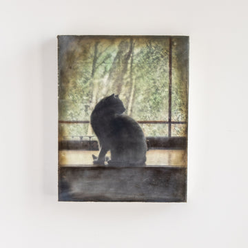 Cat Silhouette/Window | 6x8 Encaustic