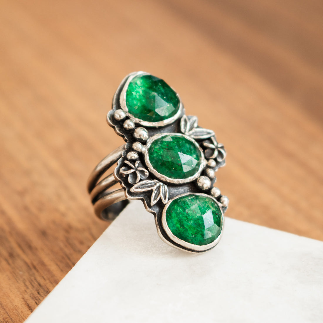 Size 8.75 | Green Aventurine Triple Floral Ring