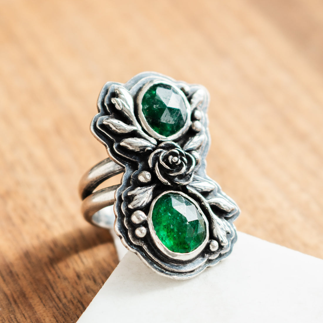 Size 7.5 | Green Aventurine Double Floral Ring