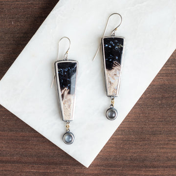 Moonstone & Opalized Palm Wood Galaxy Earrings