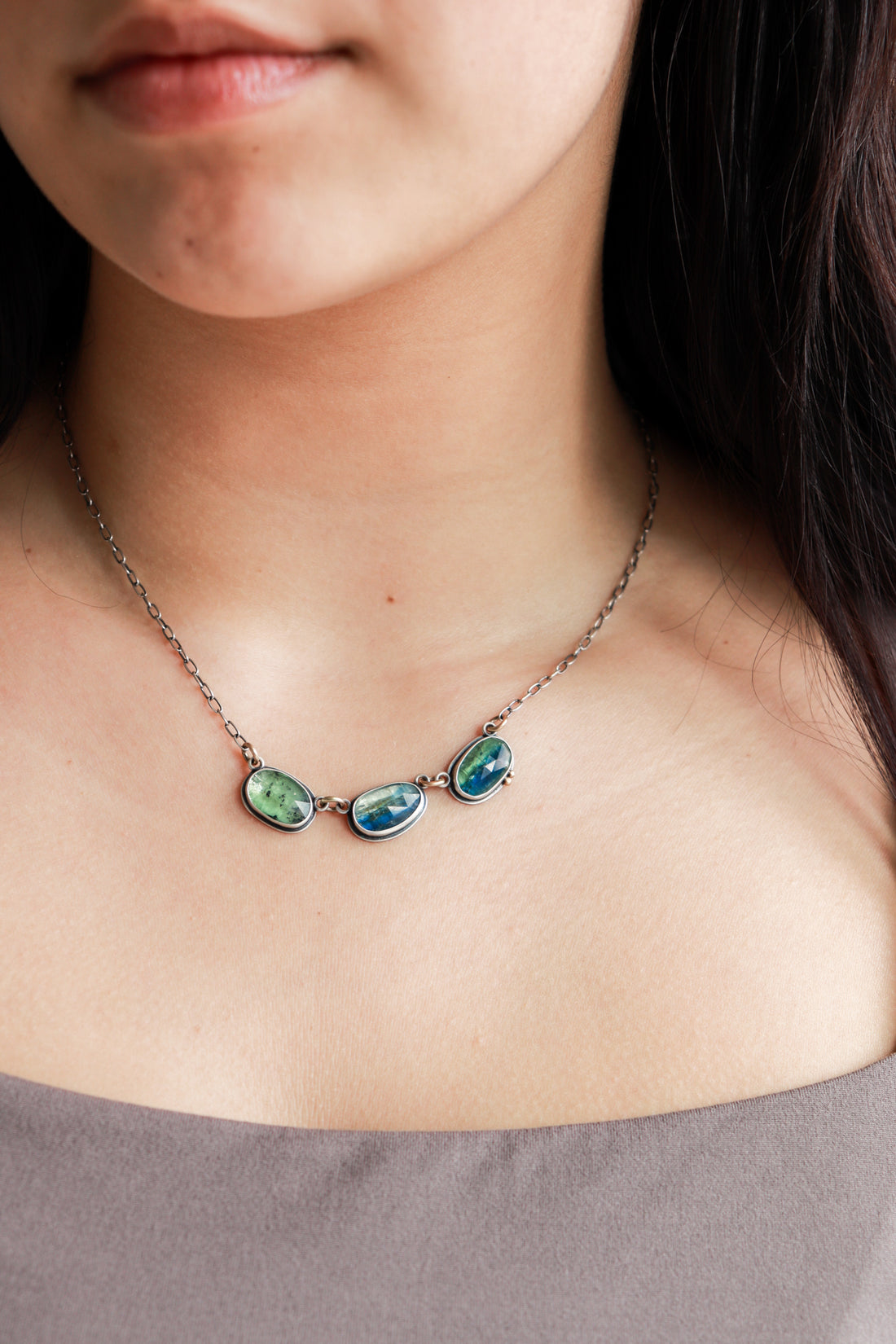 Green/Blue Kyanite Three Stone Necklace